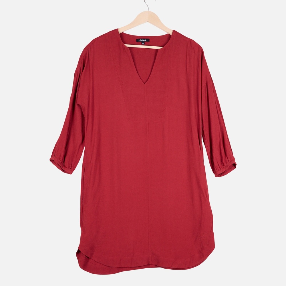 Madewell Women Mini Dress Red Viscose V-Neck 3/4 Sleeve Shift Dress S Holiday